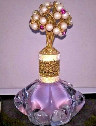Vintage Perfume Bottle Faceted Glass Pink And Clear Glass Golden Filigree Metal