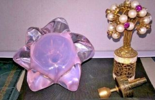 Vintage Perfume Bottle Faceted Glass Pink and clear glass Golden Filigree Metal 4