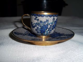 Antique Vintage Chinese Bronze Cloisonne Blue Tea Cup & Saucer