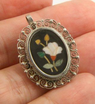 Vintage Silver Italian Pietra Dura Flower Brooch Pin Pendant
