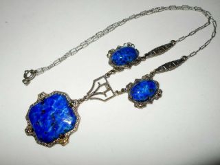 Vtg Art Deco Dark Blue Foiled Czech Glass Silver Filigree Drop Pendant Necklace