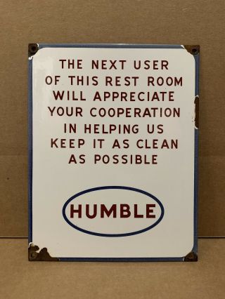 Humble Restroom Sign Vintage Porcelain Plate Gas Station Pump Oil Tire Esso