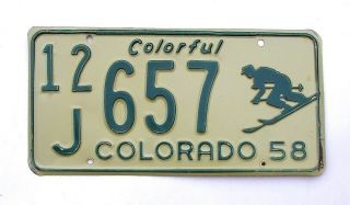 Vintage 1958 Colorful Colorado Skier License Plate 657