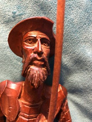 Hand Carved Wood Don Quixote Statue.  15 1/2”.  Vintage.  In Full Armor W Lance.