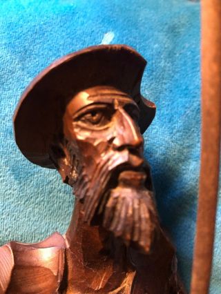 Hand Carved Wood Don Quixote Statue.  15 1/2”.  Vintage.  In Full Armor W Lance. 2