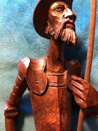 Hand Carved Wood Don Quixote Statue.  15 1/2”.  Vintage.  In Full Armor W Lance. 4