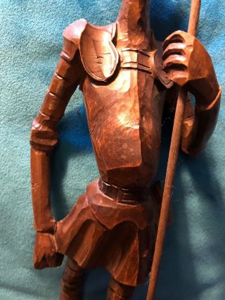 Hand Carved Wood Don Quixote Statue.  15 1/2”.  Vintage.  In Full Armor W Lance. 5