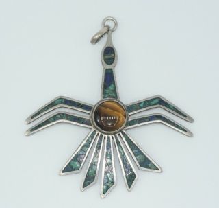 Vtg Taxco Mexico Sterling Silver,  Turquoise,  Lapis & Tiger Eye Pendant 72