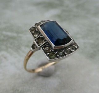 Fine Lovely Vintage Art Deco 9k 9ct Gold & Silver Sapphire Paste Ring Uk Size P