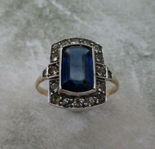 Fine Lovely Vintage Art Deco 9K 9ct Gold & Silver Sapphire Paste Ring UK Size P 2
