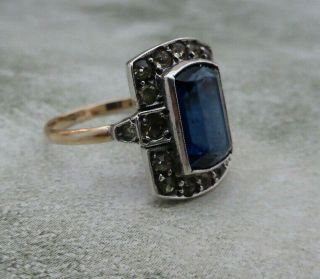 Fine Lovely Vintage Art Deco 9K 9ct Gold & Silver Sapphire Paste Ring UK Size P 3