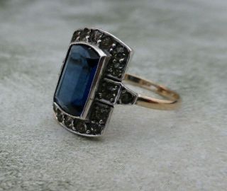 Fine Lovely Vintage Art Deco 9K 9ct Gold & Silver Sapphire Paste Ring UK Size P 4