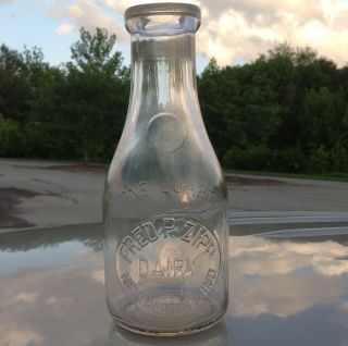 Vintage Fred R.  Zipp One Quart Dairy Milk Bottle Albany,  Indiana