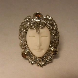 Estate Designer Sajen ? Sterling Silver 925 Goddess Face Ring Ornate Size 7.  25