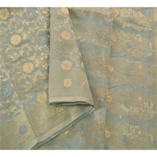 Sanskriti Vintage Grey Heavy Saree Pure Organza Silk Zari Woven 5 Yd Fabric Sari