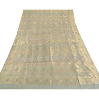 Sanskriti Vintage Grey Heavy Saree Pure Organza Silk Zari Woven 5 Yd Fabric Sari 4