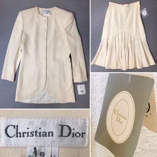 Christian Dior Cream Deadstock 80’s Vintage 2 Piece Suit Jacket Skirt Wool Sz 6