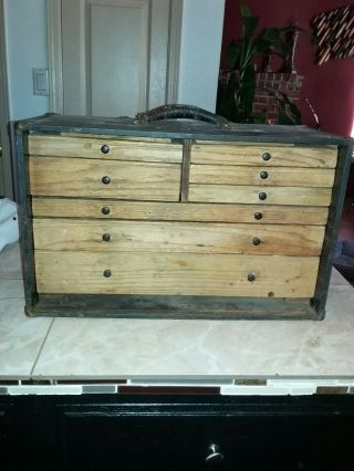 Vintage Antique Oak Machinist Wood Tool Box Chest 8 Drawer Cabinet Tools Metal