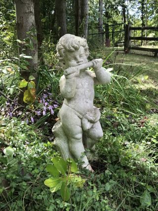 Vtg Standing Cherub Angel Playing Flute Garden Statue Yard Art Concrete/cement