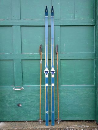 Vintage Wooden 82 " Skis Has Blue Finish Signed Madsmus,  Bamboo Poles