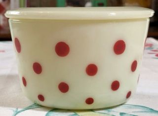 Vintage Mckee Red Dots On Custard Small Round Canister Dish & Lid 20 Oz.