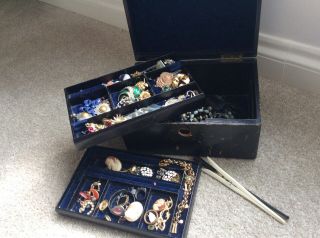 Antique/vintage Jewellery Box Packed Full Of Jewellery,  Earrings Etc