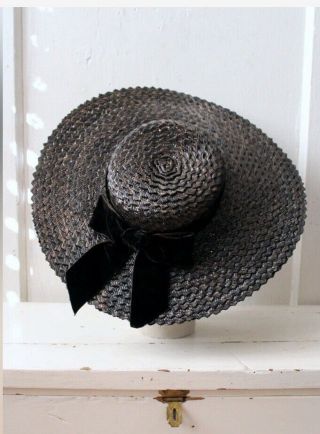 1940’s Sun Hat Black Velvet Straw Vintage Gorgeous