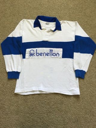 Rare Vtg Benetton Spell Out Striped Color Block Rugby Polo Shirt 80s Colors Of M