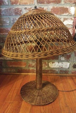Vintage Wicker Table Lamp 22 " With Shade & Pull Chain 1930 - 40s