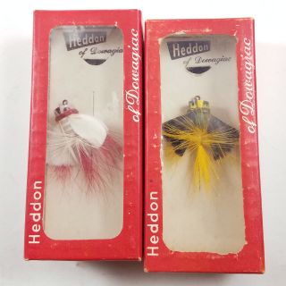 2 Heddon Popper Fly Fishing Lures W/ Box: Dark Green,  Red Head Lbr