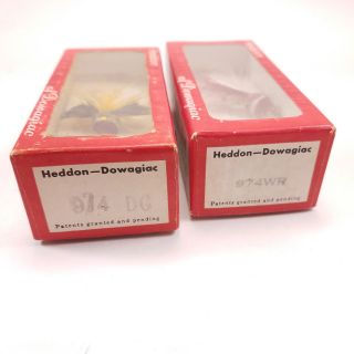 2 HEDDON POPPER FLY FISHING LURES W/ BOX: DARK GREEN,  RED HEAD LBR 3
