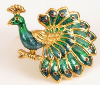 Vintage Designer Signed Swarovski Swan Gold Tone Peacock Brooch Pin Green Bird