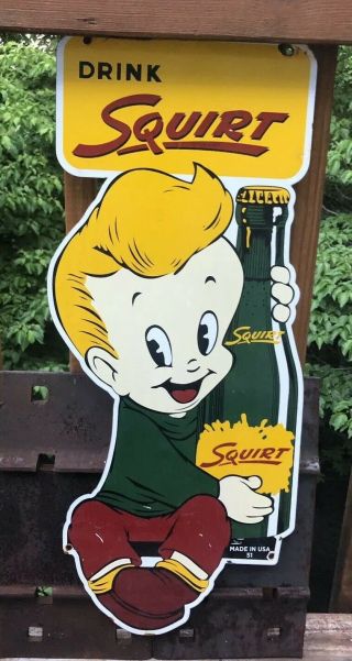 Large Vintage Old Drink Squirt Soda Porcelain Sign With Boy Dated 1951 28 " X 11 "