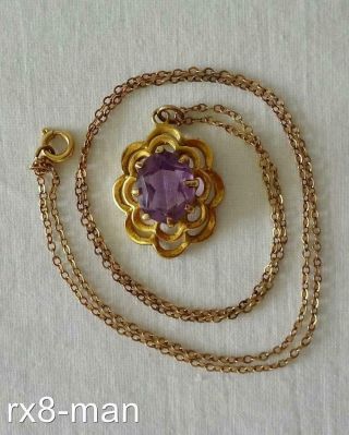 1971 Vintage 9ct Solid Gold Amethyst Set Pendant & Fine Link Chain - 3.  1g