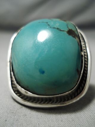 One Of The Biggest Vintage Navajo Squared Green Turquoise Sterling Silver Ring