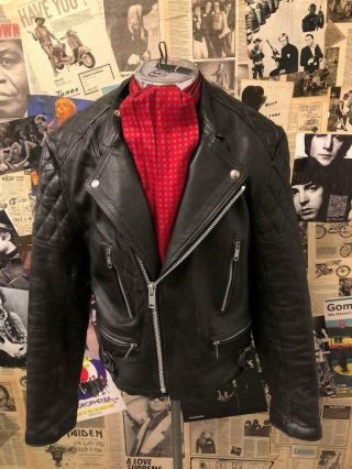 Vintage 1970s Leather Biker Jacket By Waddington Black Motorbike Medium