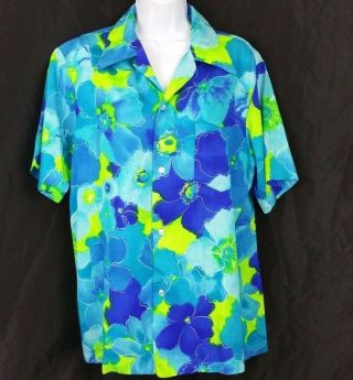 Vtg Pomare Hawaiian Aloha Shirt Barkcloth Floral Blue Yellow Flowers Tropical