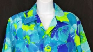 Vtg Pomare Hawaiian Aloha Shirt Barkcloth Floral Blue Yellow Flowers Tropical 2