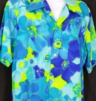 Vtg Pomare Hawaiian Aloha Shirt Barkcloth Floral Blue Yellow Flowers Tropical 4