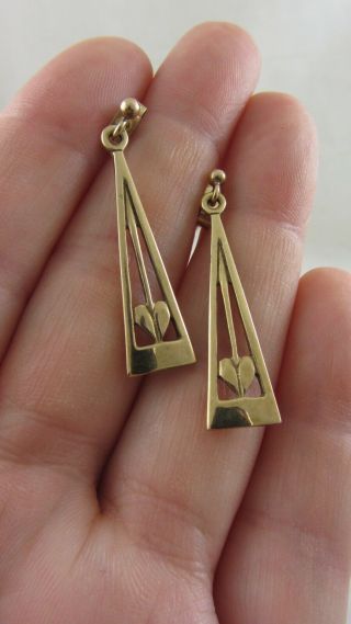 Vintage 9ct Yellow Gold Drop Earrings Ortak Rennie Mackintosh Heart Design