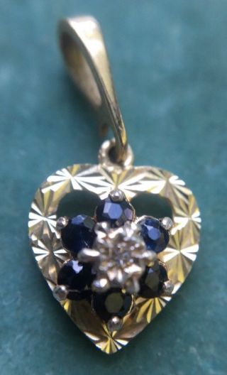Pretty Vintage 9ct Yellow Gold Diamond & Sapphire Heart Pendant