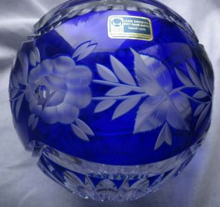 East German Gdr Lausitzer Glas Cut Crystal Glass Round Flower Vase Roses Blue