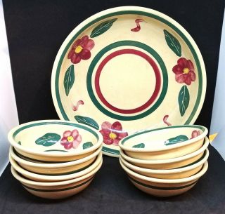 Scarce Vintage Watt Pottery Yellow Ware Rio Rose Berry Spaghetti Bowl Set 9 Pc