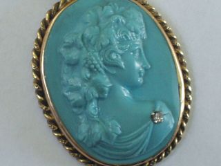 Goddess Ariadne Turquoise Cameo Diamond Necklace Pendant Carved Cameo