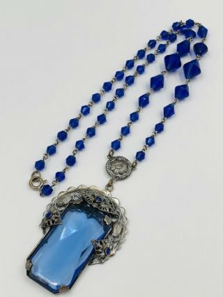 Vintage Art Deco Czech Blue Faceted Glass Drop Necklace