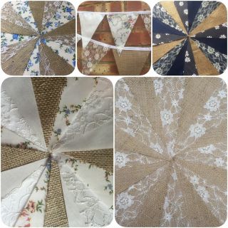 Fabric Hessian Handmade Vintage Bunting.  Weddings,  Country Floral Shabby Chic,