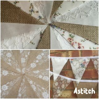 FABRIC HESSIAN HANDMADE VINTAGE BUNTING.  WEDDINGS,  COUNTRY FLORAL SHABBY CHIC, 4