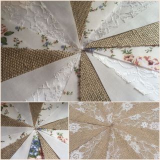 FABRIC HESSIAN HANDMADE VINTAGE BUNTING.  WEDDINGS,  COUNTRY FLORAL SHABBY CHIC, 5