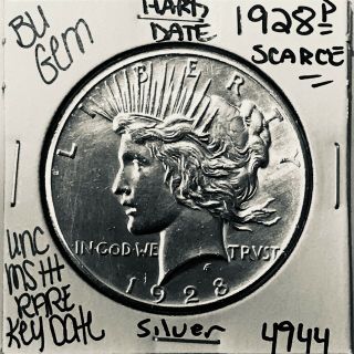 1928 Bu Gem Peace Silver Dollar Unc Ms,  U.  S.  Rare Key Coin 4944