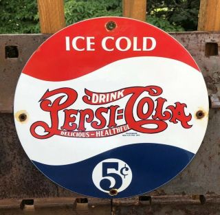 Vintage Pepsi Cola Porcelain Sign Gas Station Soda Fountain Coca Mountain Dew